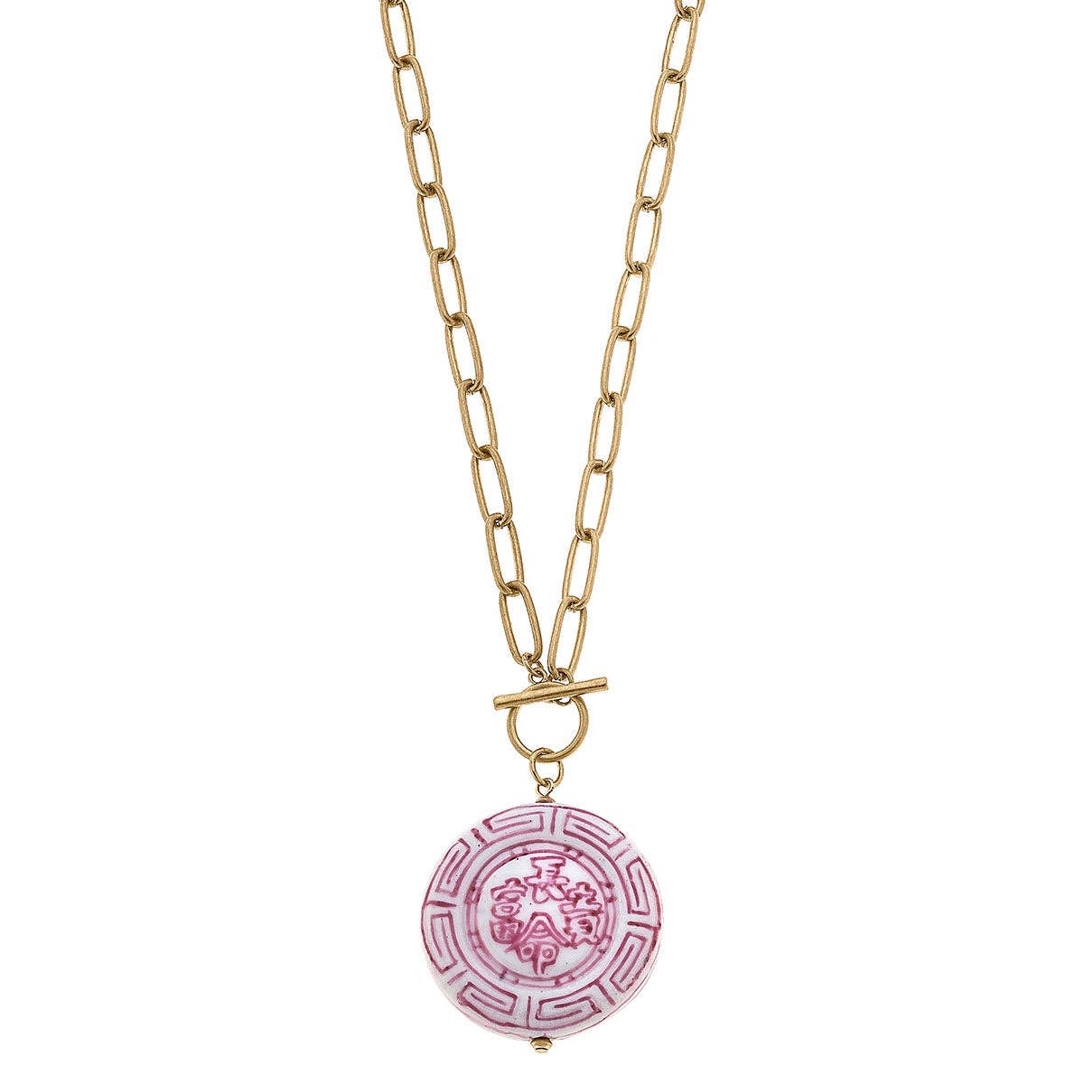 Gold chain with elongated links, toggle clasp, pink and white round pendant with patterns. Available in 16", 18", and 20".