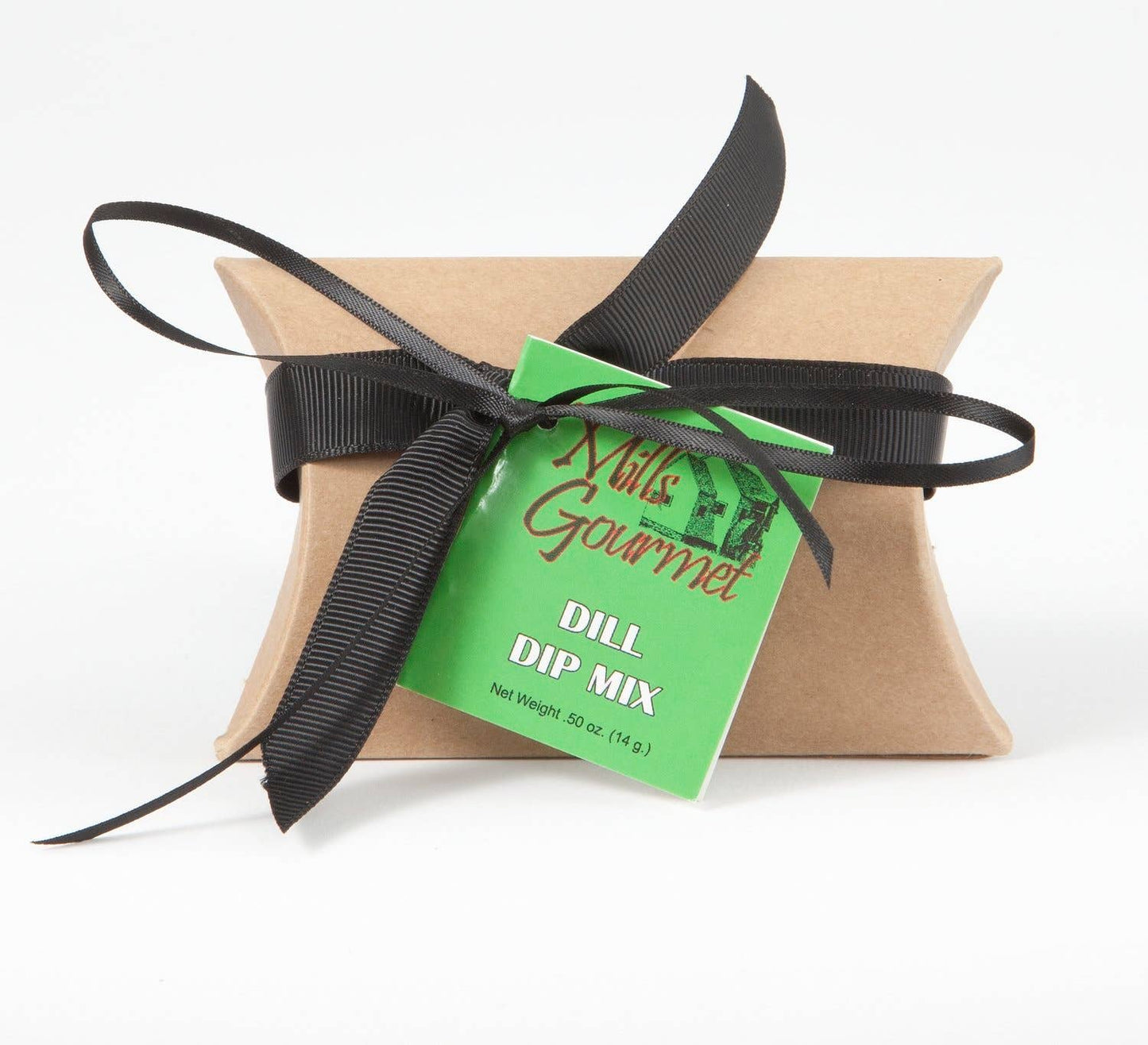 Small brown box with black ribbon, green "Dill Dip Mix Case" label; available in multiple sizes.