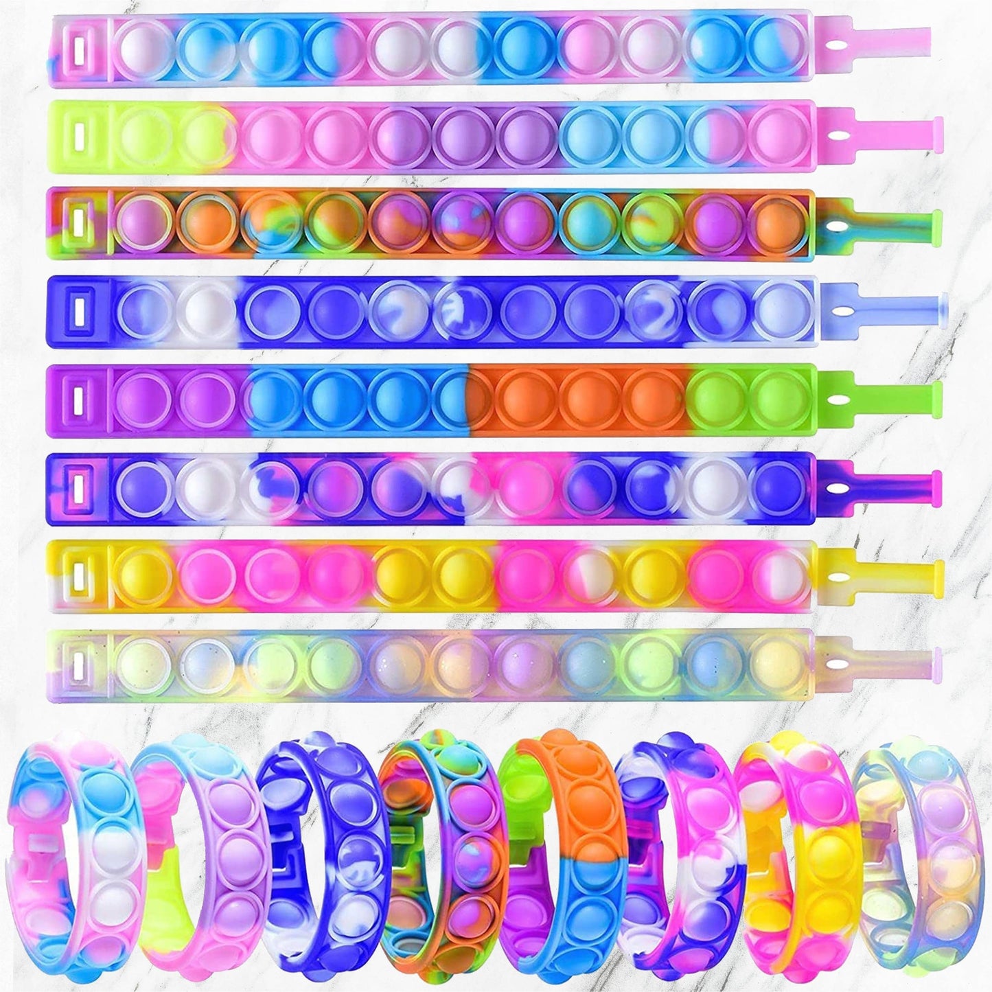 Ten multicolor Pop it fidget wristbands in rainbow, tie-dye, and pastel patterns. Sizes: child, teen, adult.