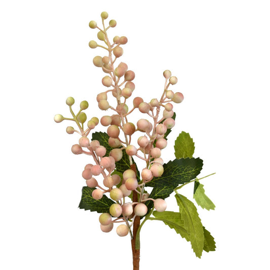 plastic pink berry stem with green leaves and brown stem