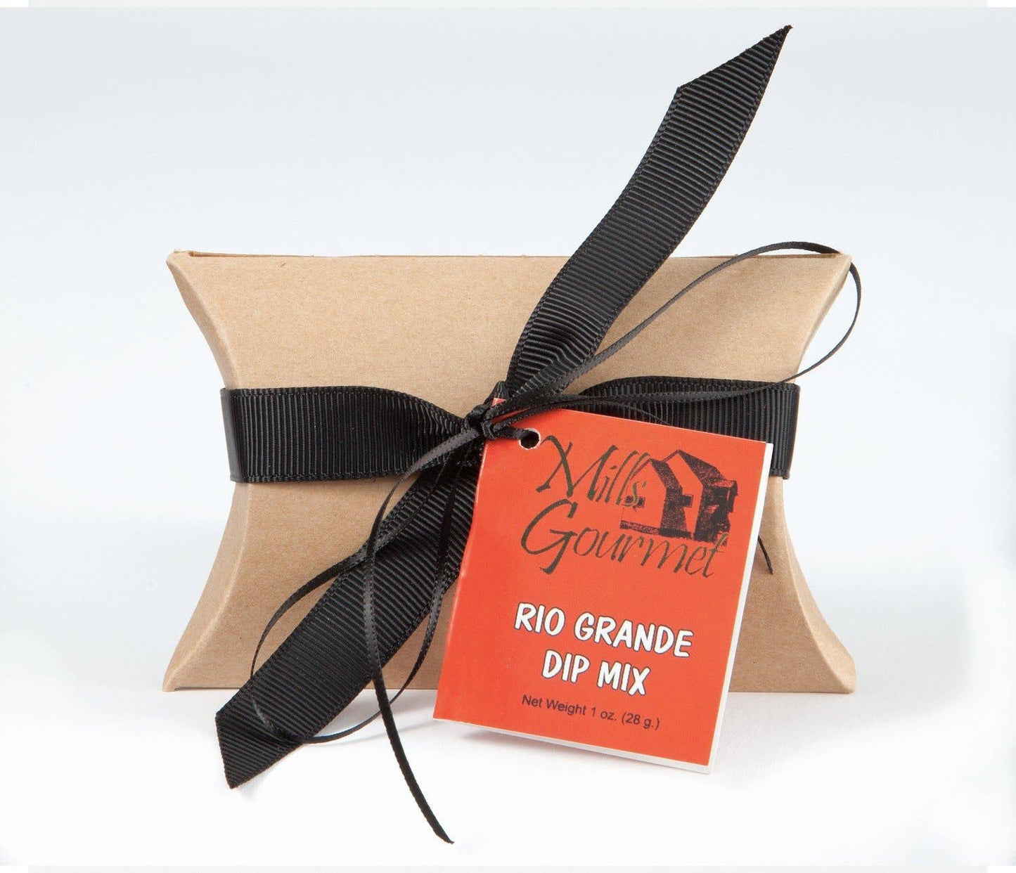Small brown gift box with black ribbon and red "Rio Grande Dip Mix" tag, net weight 1 oz (28.3 g).
