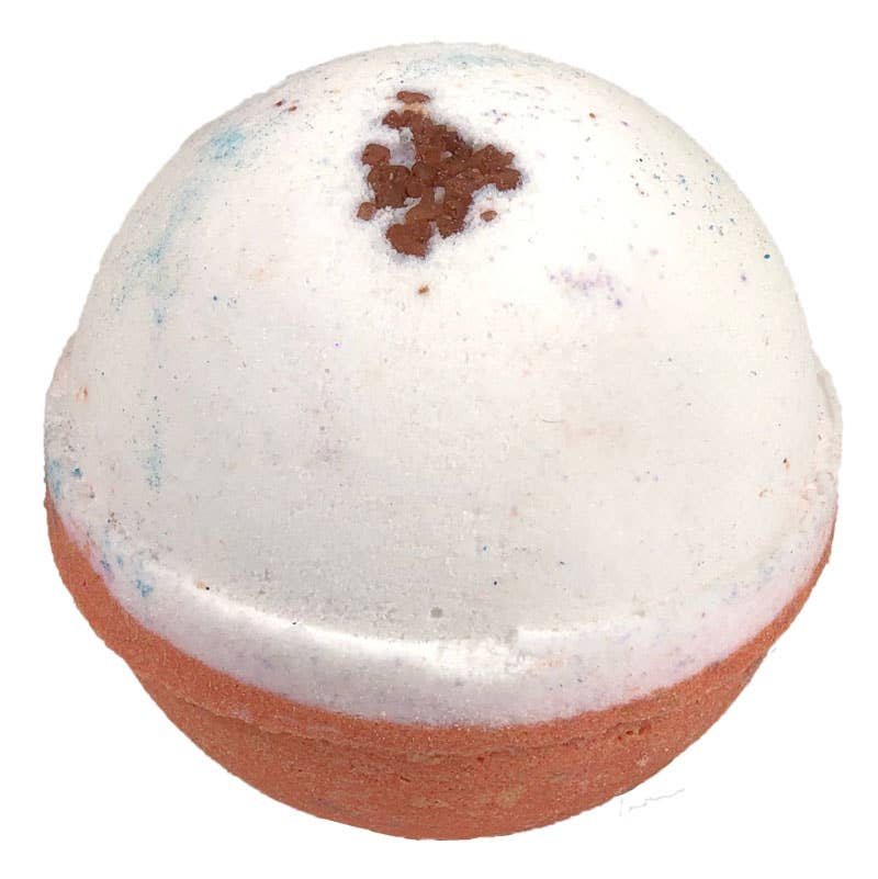 A vibrant Oatmeal Milk & Honey Bath Bomb with a contrasting design of a white top and pink bottom. It's embellished with smatterings of blue and brown highlights, making it visually appealing. The bomb is further enhanced with a center filled with petite specks of oatmeal milk & honey. Available in one universal size suitable for all types of baths.