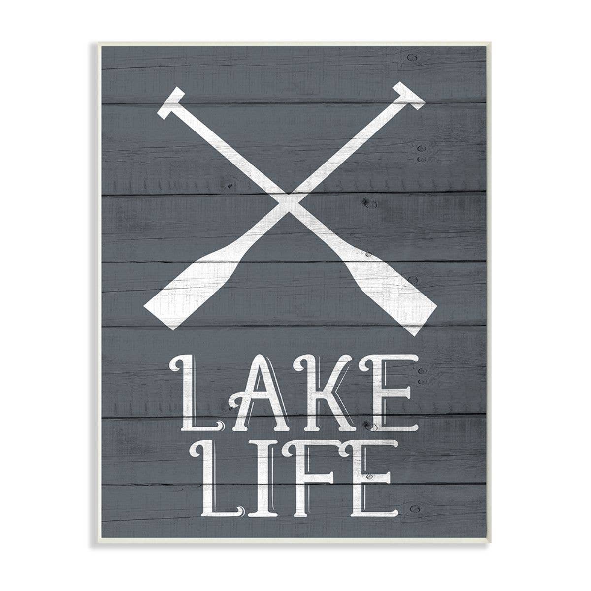 Plaque with two white crossed oars above "Lake Life." Made in USA. Sizes available: 7"x18", 10"x24", 12"x32".