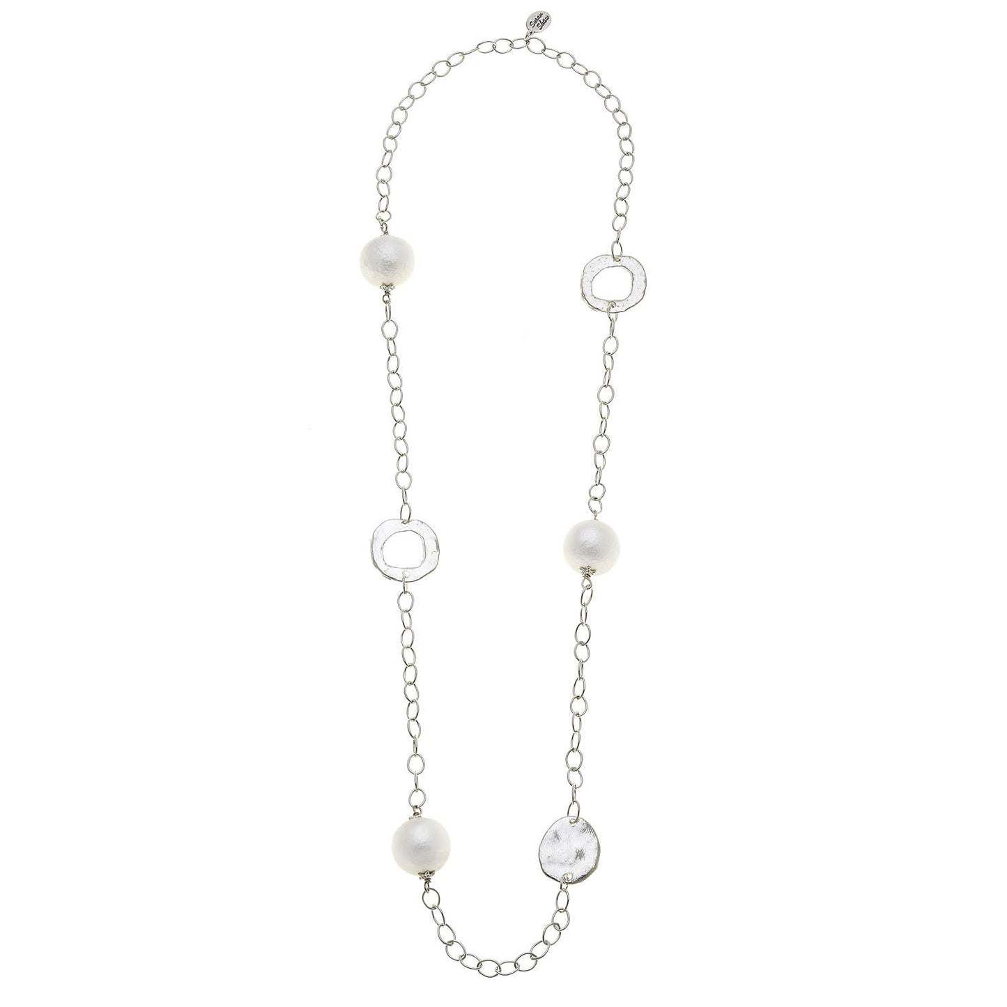 Sterling silver chain with four cotton pearls and three irregular silver circles. Available in 18", 24", and 30" lengths.