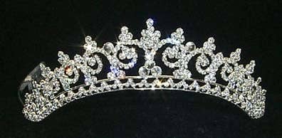 Sterling silver Contoured Princess Tiara #11438 with clear gemstones, ornate swirl design, universal fit size.