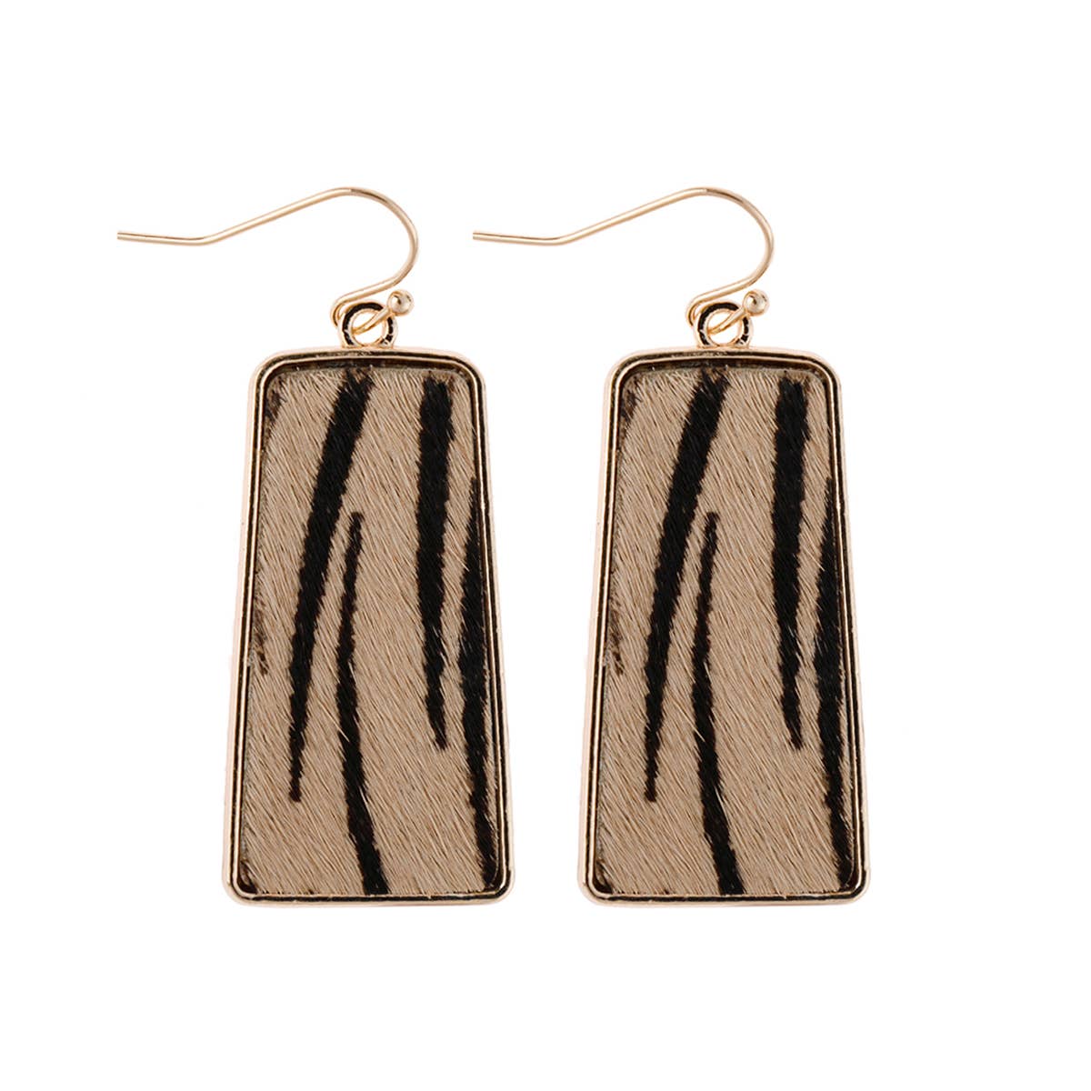 This pair of rectangular, gold-framed drop earrings features an appealing animal-printed leather bar pattern. The earrings are complemented by a secure fish hook design. Offered in one standard size suitable for all. Each earring dangles elegantly on a white background, adding allure to the accessory.