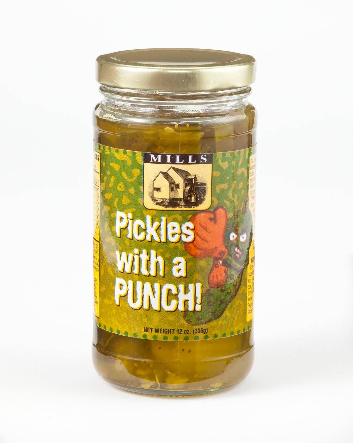 Mills Pickles with a Punch, 12 oz (336g) jar, bold jalapeno flavor. Label: angry pickle with boxing glove.