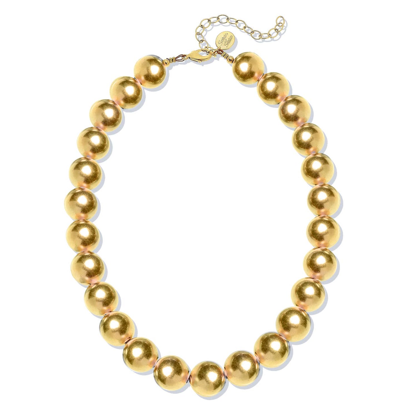 24Kt gold-plated ball choker with large beads, adjustable chain, clasp, and oval tag. Available in S, M, L.