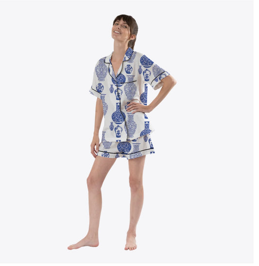 The Ginger Jar Pajamas Short Set is decorated with an intricate blue porcelain pattern. This two-piece loungewear set features an elastic waist for comfortable wear. Available in multiple sizes.