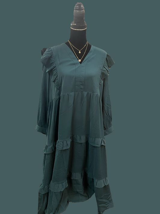 This is a plus size, hunter green dress featuring 3/4 length sleeves and a long tiered design. Available in various sizes.