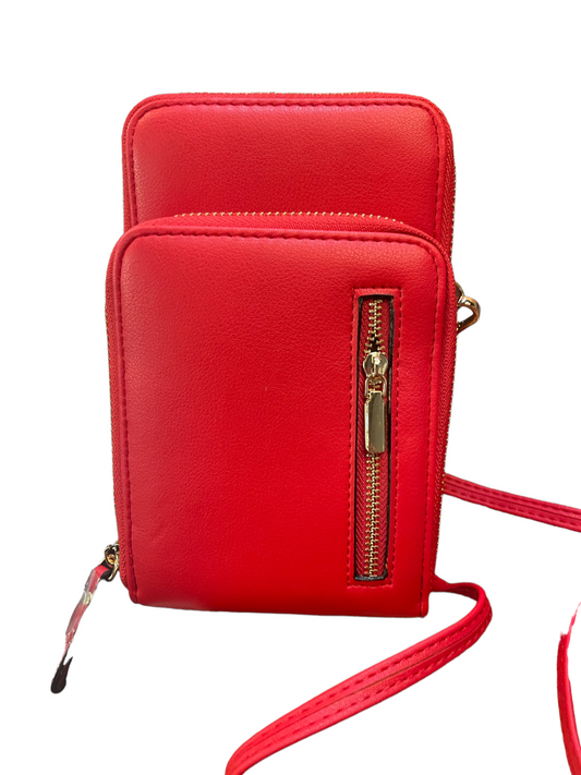 Small, bright red Crossbody Wallet with two zippered compartments, front vertical zipper pocket, and matching red strap. Sizes: S, M.