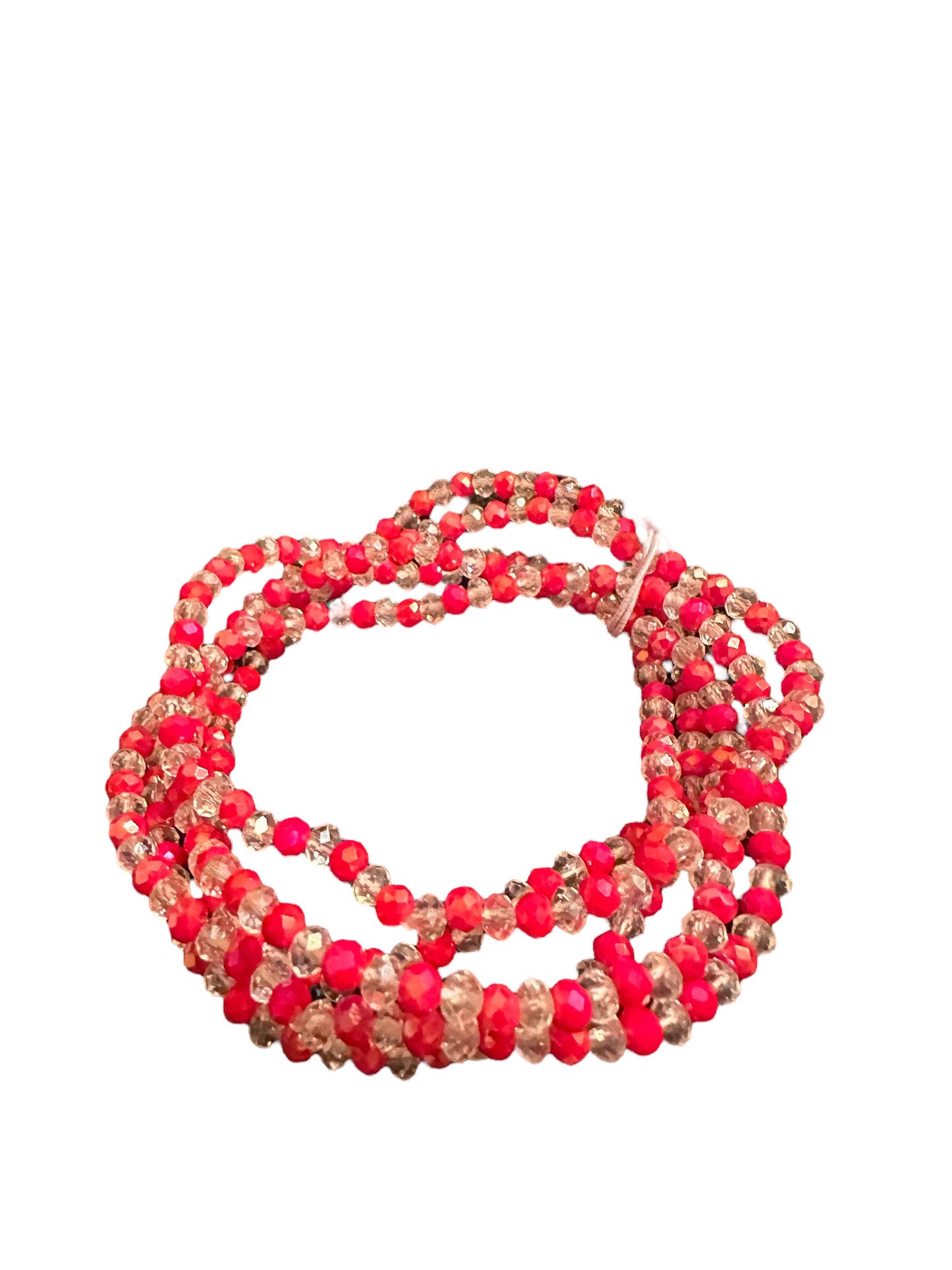 The Game Day 5 Strand Bead Bracelet has red, silver, and clear beads in coiled strands. Available in one adjustable size.