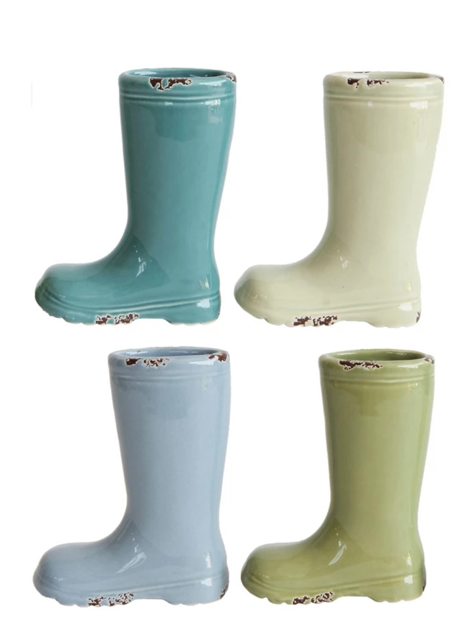 Stoneware Boot Vase in blue, cream, light blue, and light green with rustic edges. Available in multiple sizes.
