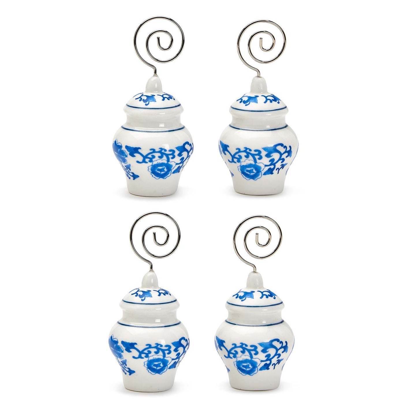 Set of four small white ceramic ginger jar placement holders with blue floral designs and silver spirals. Sizes: Small, Medium.