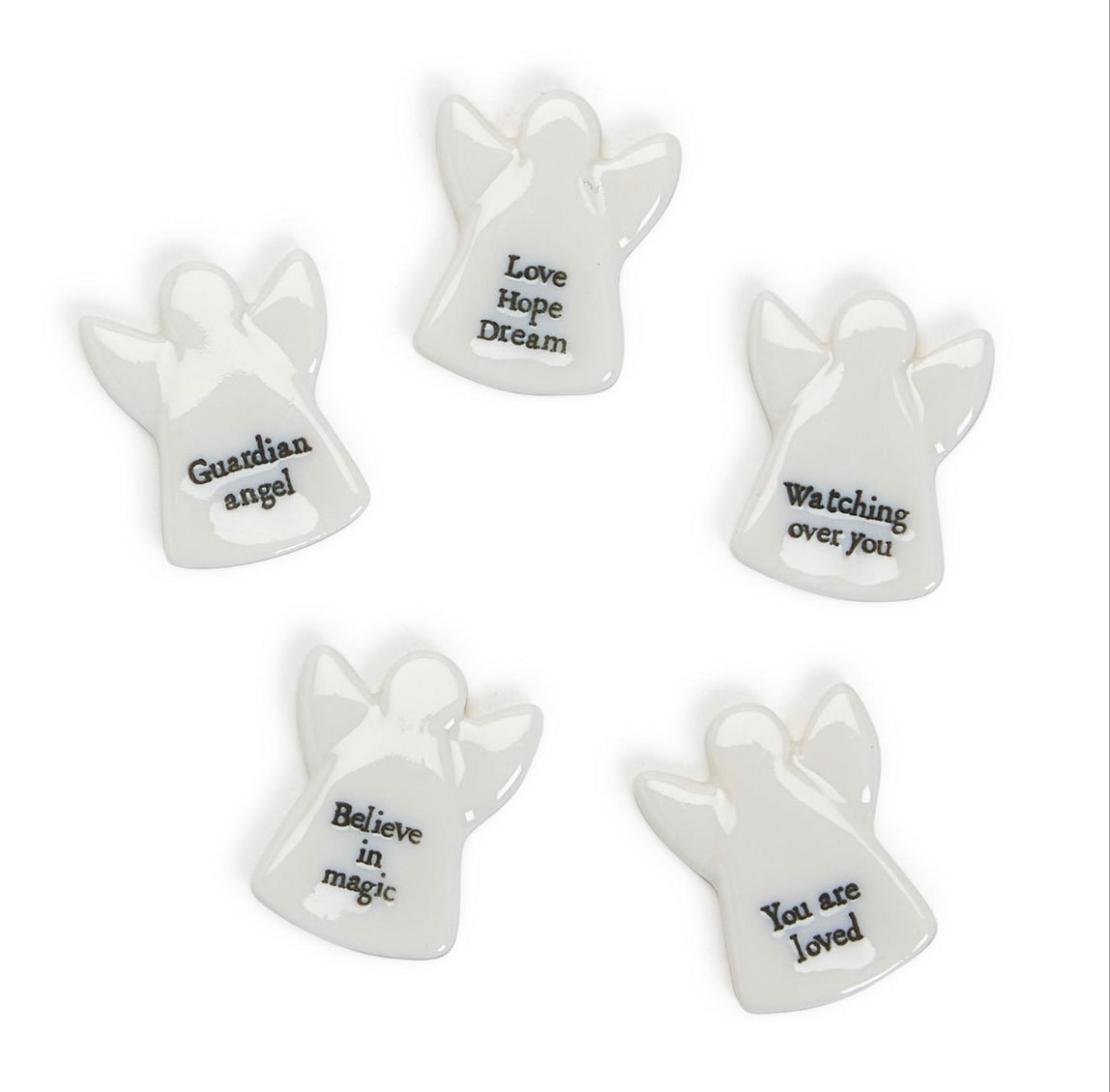 Five white ceramic angel pebble figurines with uplifting messages, available in small size, set of five.