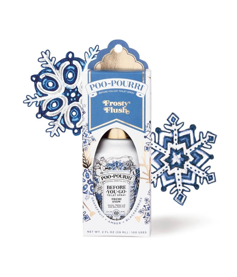 2oz Poo Spray-Frosty Flush Fresh Snow in blue and white Holiday 2022 packaging. Available in 2oz size.