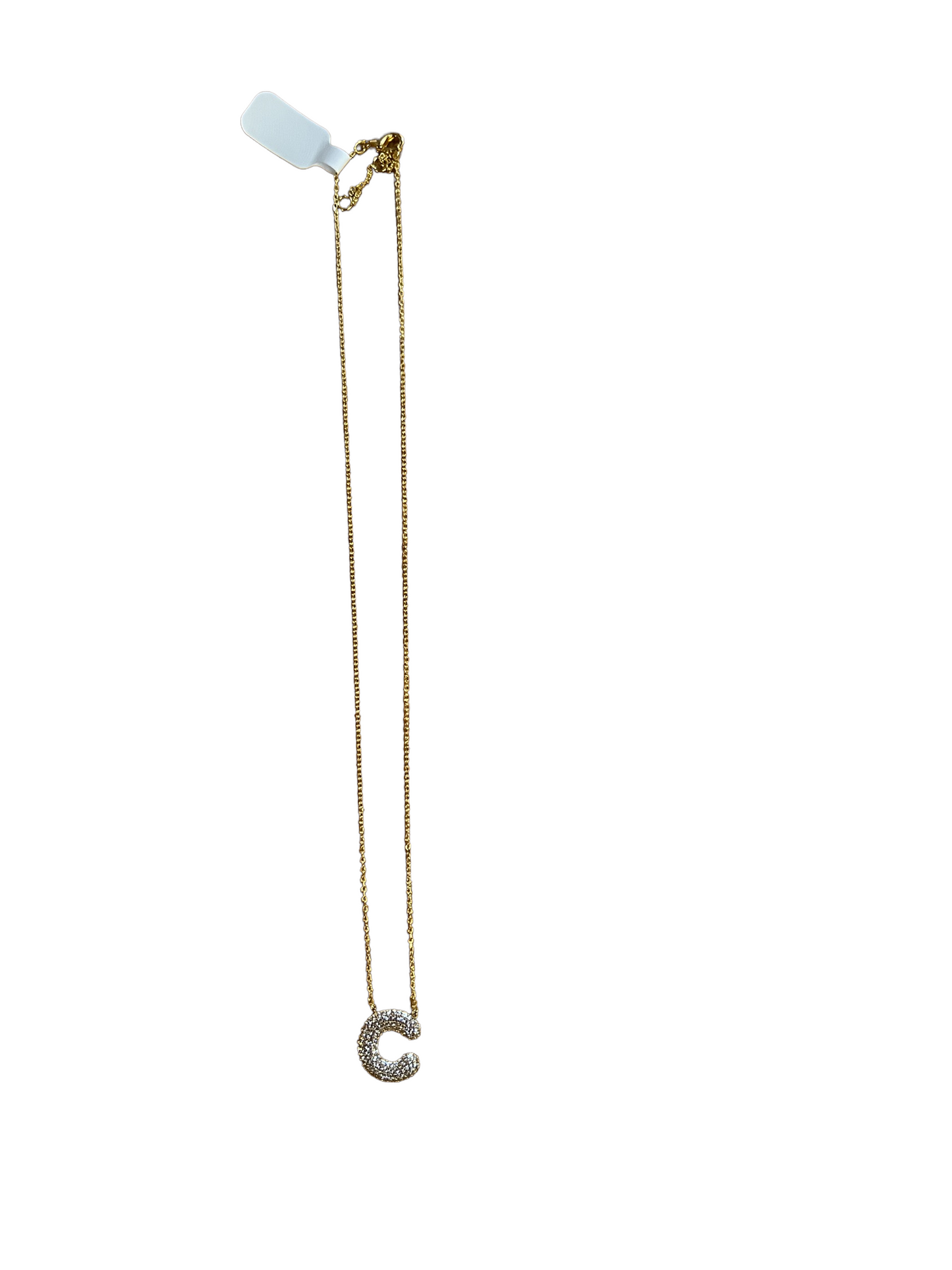 Gold "C" pendant necklace with small clear stones. Available in 16", 18", and 20" chain lengths.