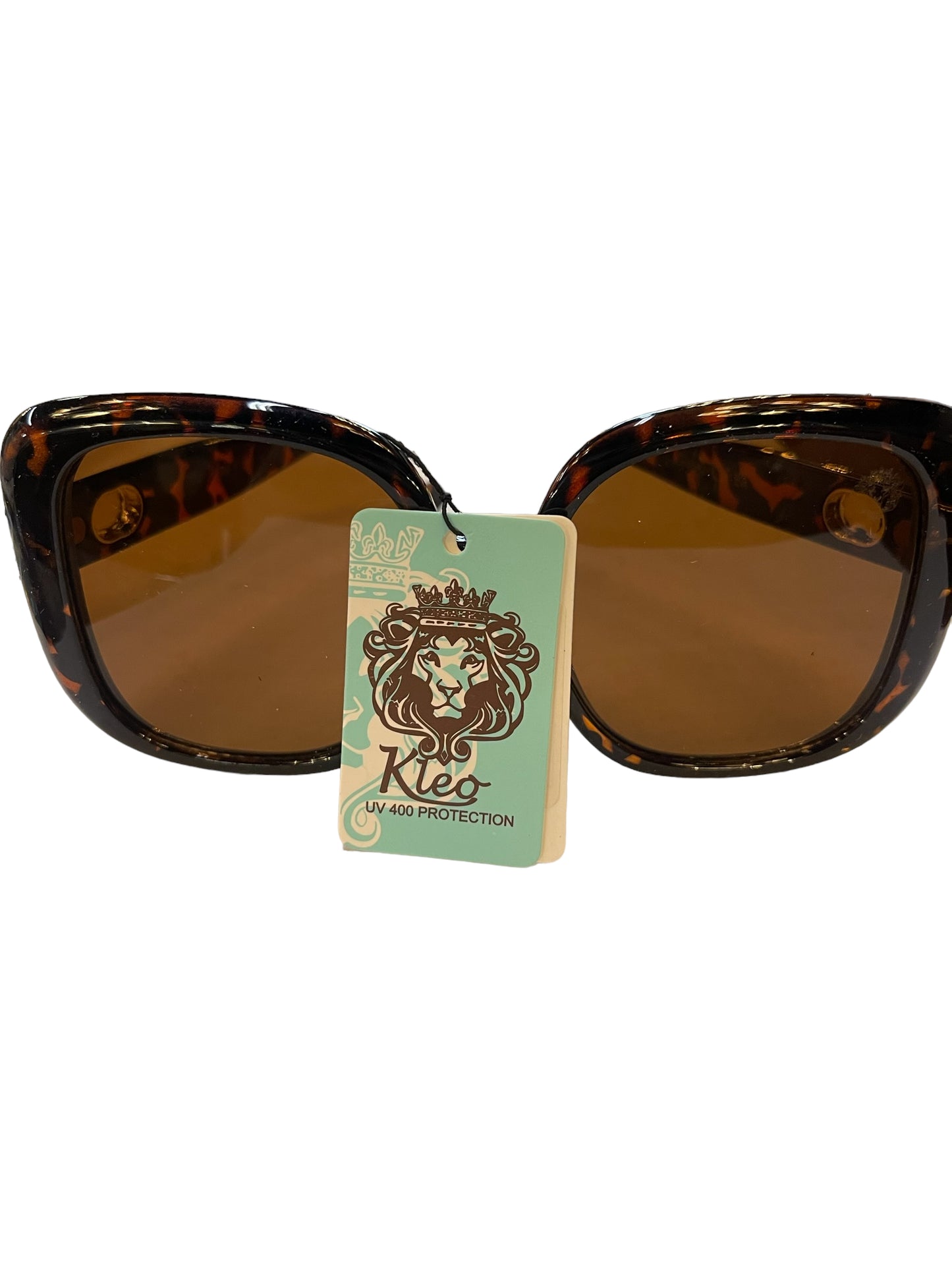 Kleo Sunglasses in brown tortoiseshell, lion logo tag, "UV 400 Protection." Available in sizes S, M, L.