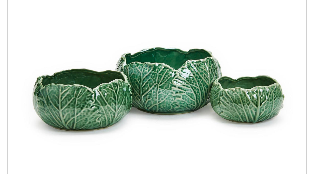 Set of three green ceramic Cabbage Leaf Bowls in small, medium, and large sizes, each shaped like a cabbage leaf.