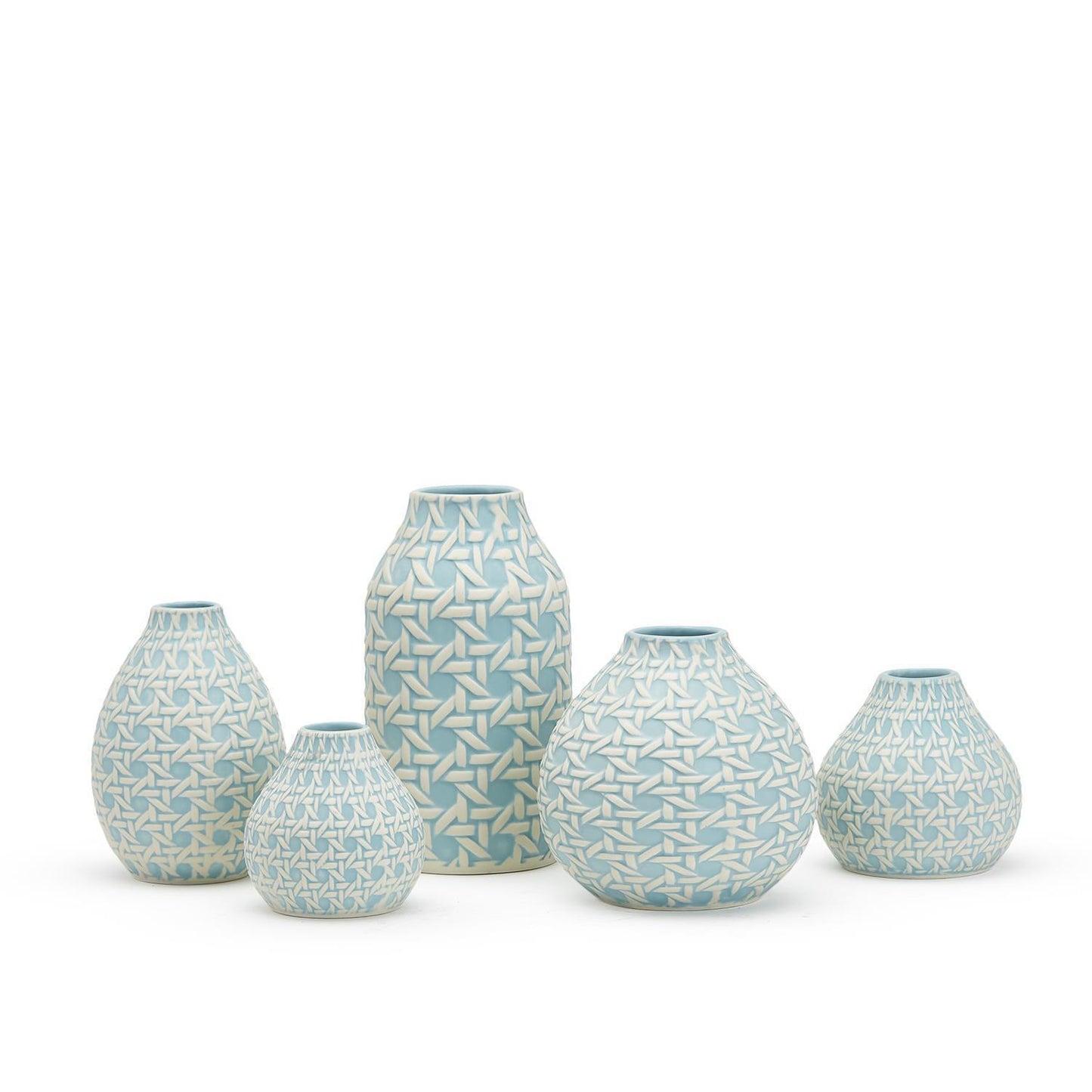 Set of five sky blue vases in assorted sizes with white and light blue geometric patterns. Sizes: small to large.
