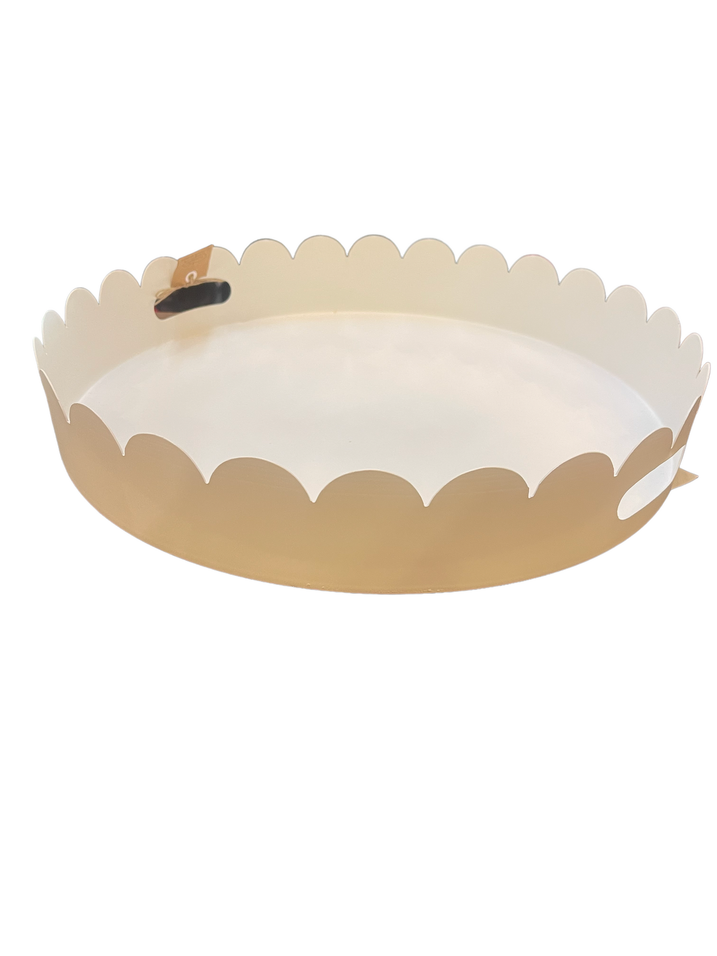 Round, gold-colored metal tray with scalloped edge and oval cutout handles. Available in small, medium, and large sizes.