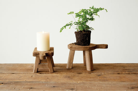 Wood Pedestal With Handle stands, available in small and large sizes, feature a rustic finish and sturdy construction.