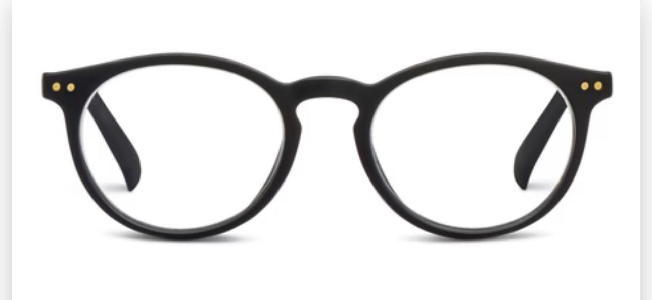 Round black eyeglasses with clear lenses, gold dots on frame corners. Available in sizes S, M, L.