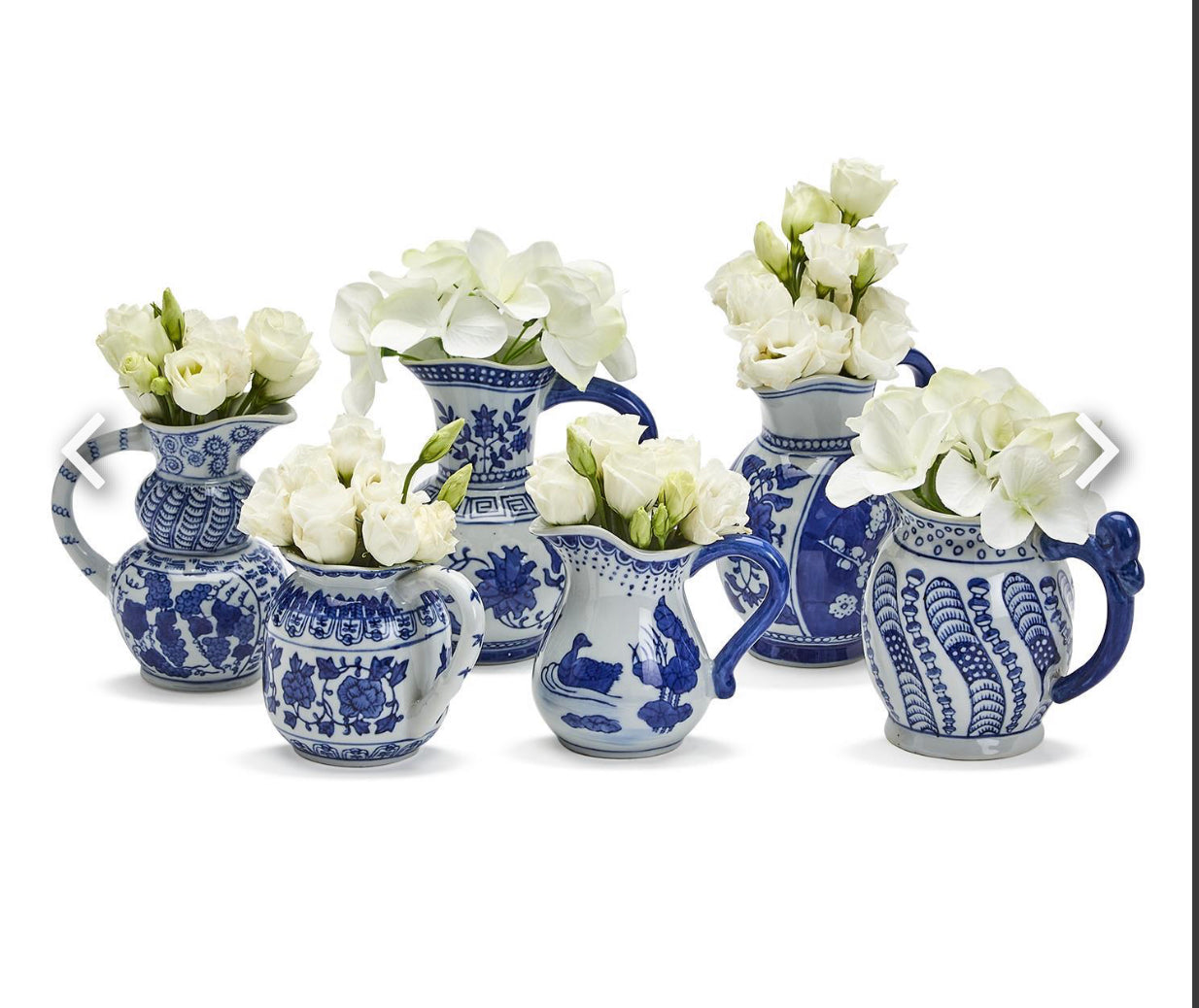 Six Canton Small Pitchers with blue and white patterns. Available sizes: small.