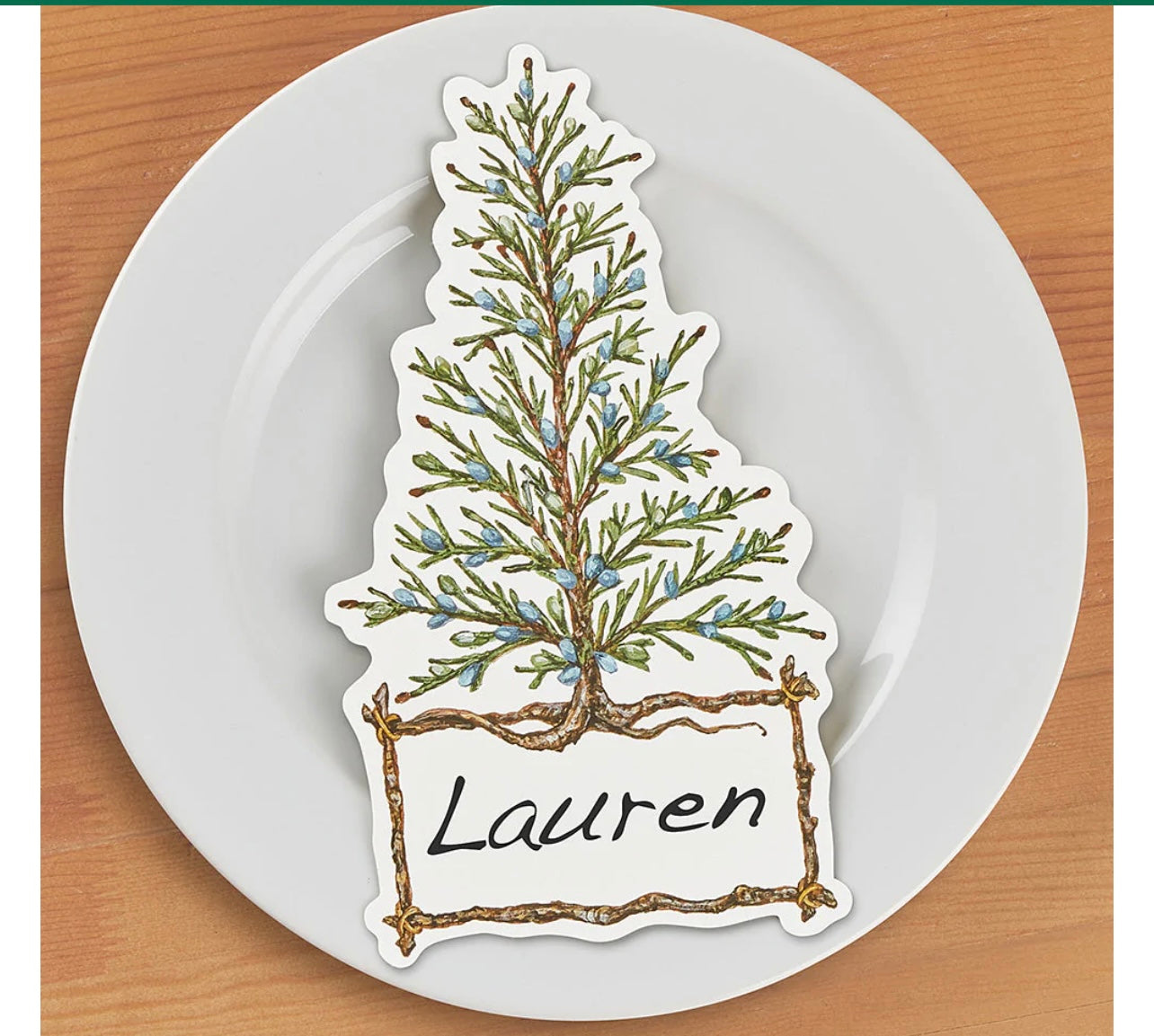 Cedar Tree Table Accent KP820VS: place card with painted cedar branch, blue berries, "Lauren" in cursive. Set of 12. Sizes vary.