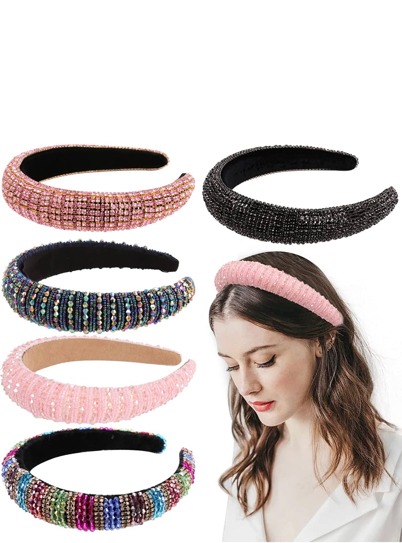 Six Rhinestone Headbands in assorted colors and designs. Available sizes: small, medium, large.