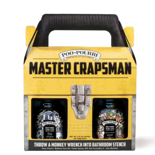 Poo~Pourri Master Crapsman Gift Set: 2-pack of 2oz toilet sprays in a yellow toolbox-style box with handle and latch.