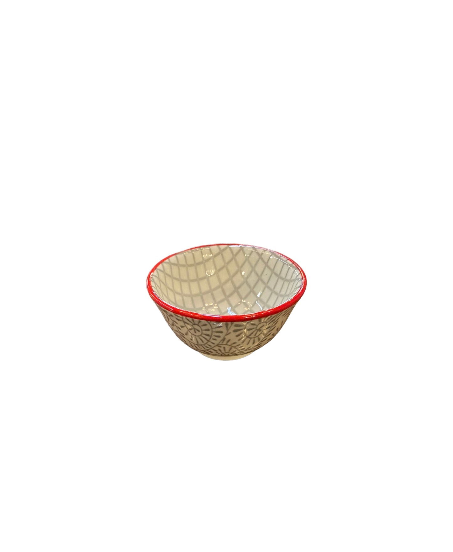 Small, round stoneware pinch pot with a beige geometric pattern and red rim. Available in multiple sizes.