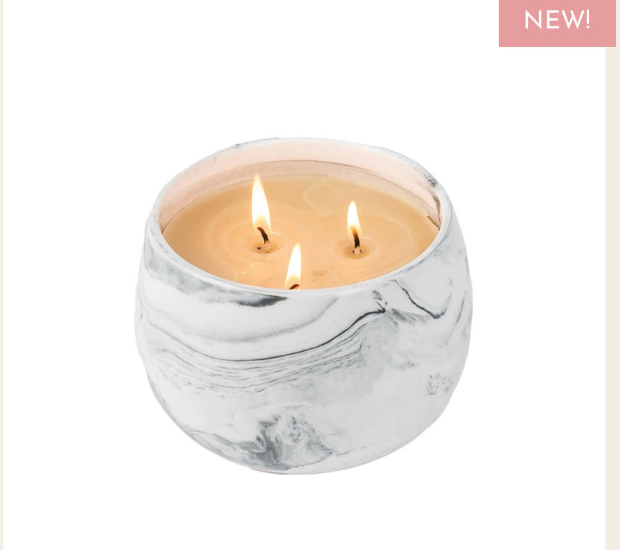 Sweet Grace #50 Candle: 3 wicks, round white marbled soy-blend container, "NEW!" pink label. Sizes: not specified.