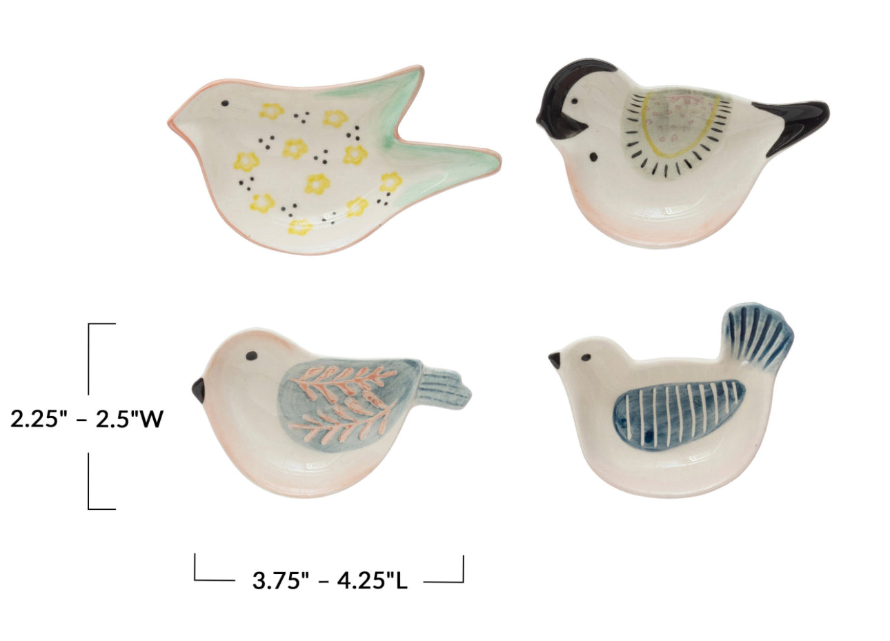 Set of 4 hand-painted stoneware bird dishes in pastel tones; each 2.25–2.5" wide, 3.75–4.25" long.