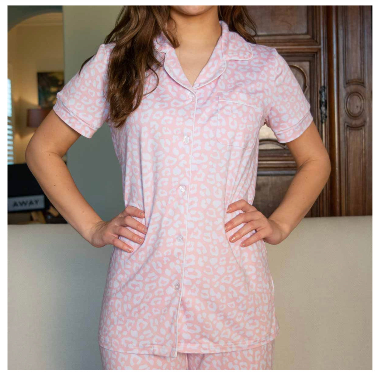 Wild One Short Sleeve Button Up Sleep Shirt in light pink with white animal print. Available in sizes XS-XL.