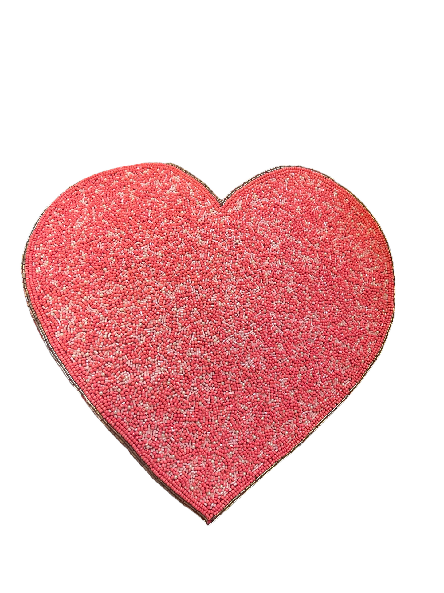 Pink Valentine Heart Placemat with pink and white beads, thin metallic border; available in 12"x15" size.