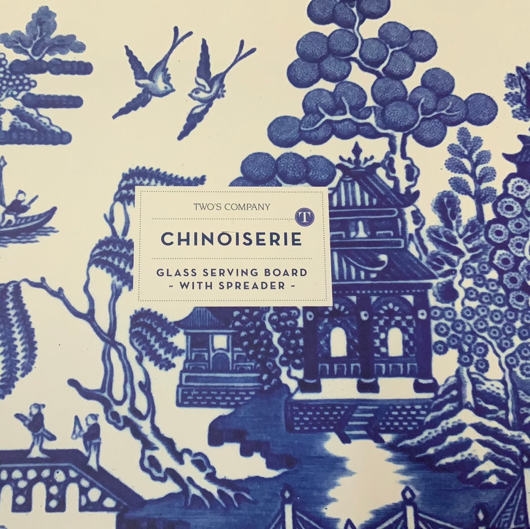Blue & White 2pc Cheese Serving Set in gift box; Chinoiserie blue design with birds, trees, and pagoda. Sizes not specified.