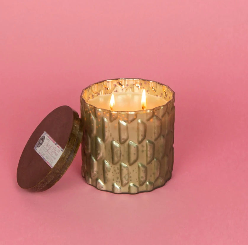 Sweet Grace Collection Candle #035: soy blend, three wicks, gold textured jar, wooden lid. Available in multiple sizes.