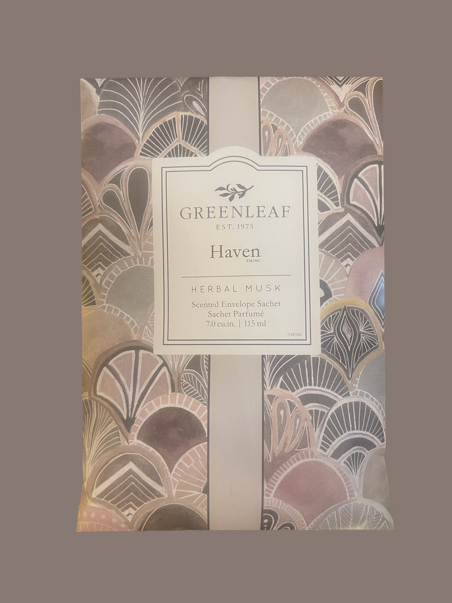 The Haven Sachet by Greenleaf: herbal musk scent, art deco pattern, muted colors, bird logo. Available in standard size.