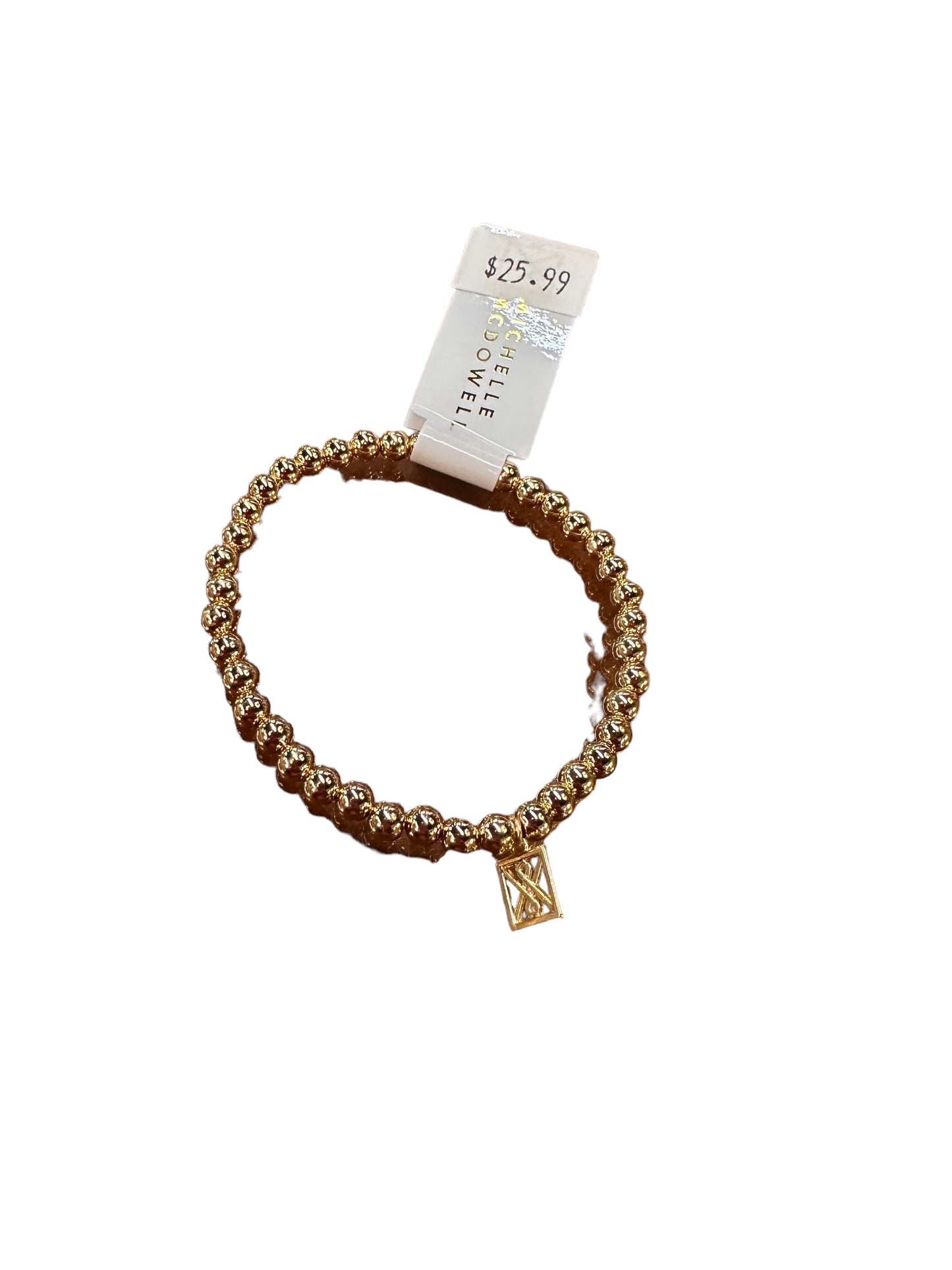 Shiny Gold Bracelet with gold beads and a rectangular pendant, $25.99. Available sizes: small, medium, large.