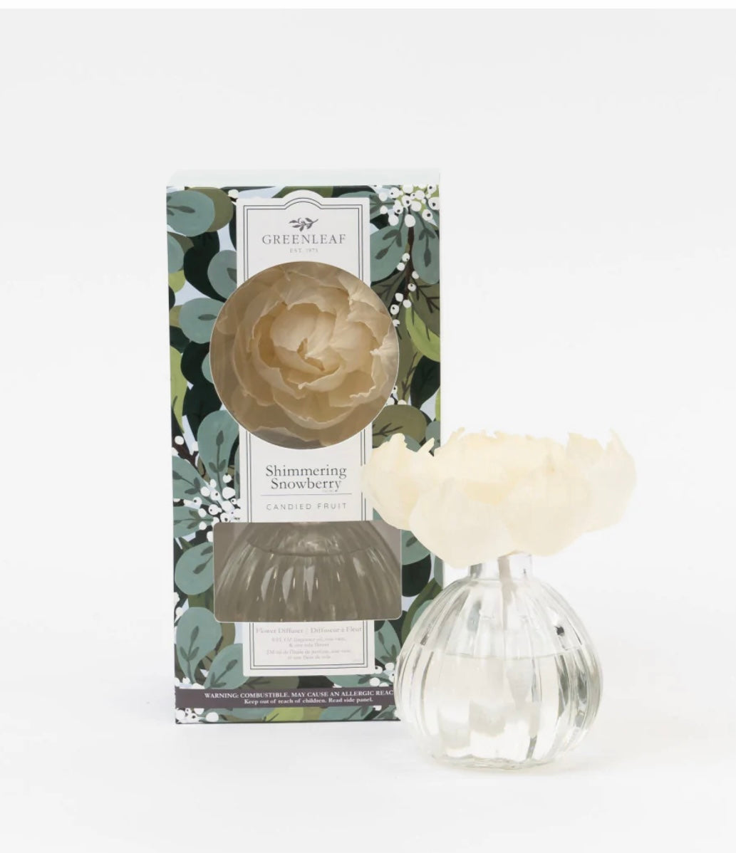 White flower diffuser in clear glass vase with scented liquid; available sizes: 100ml, 200ml.