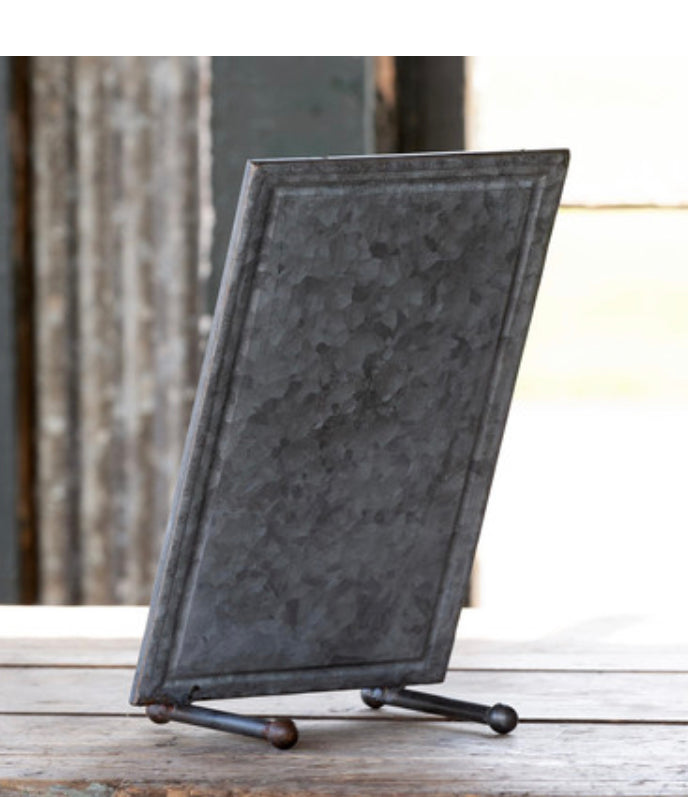 Vertical standing chalkboard with textured galvanized-metal look, available in 8"x10" and 12"x16" sizes.