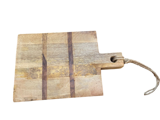 Serving board with two dark vertical stripes, right handle, thick rope loop, size 9x12x1.5 inches.