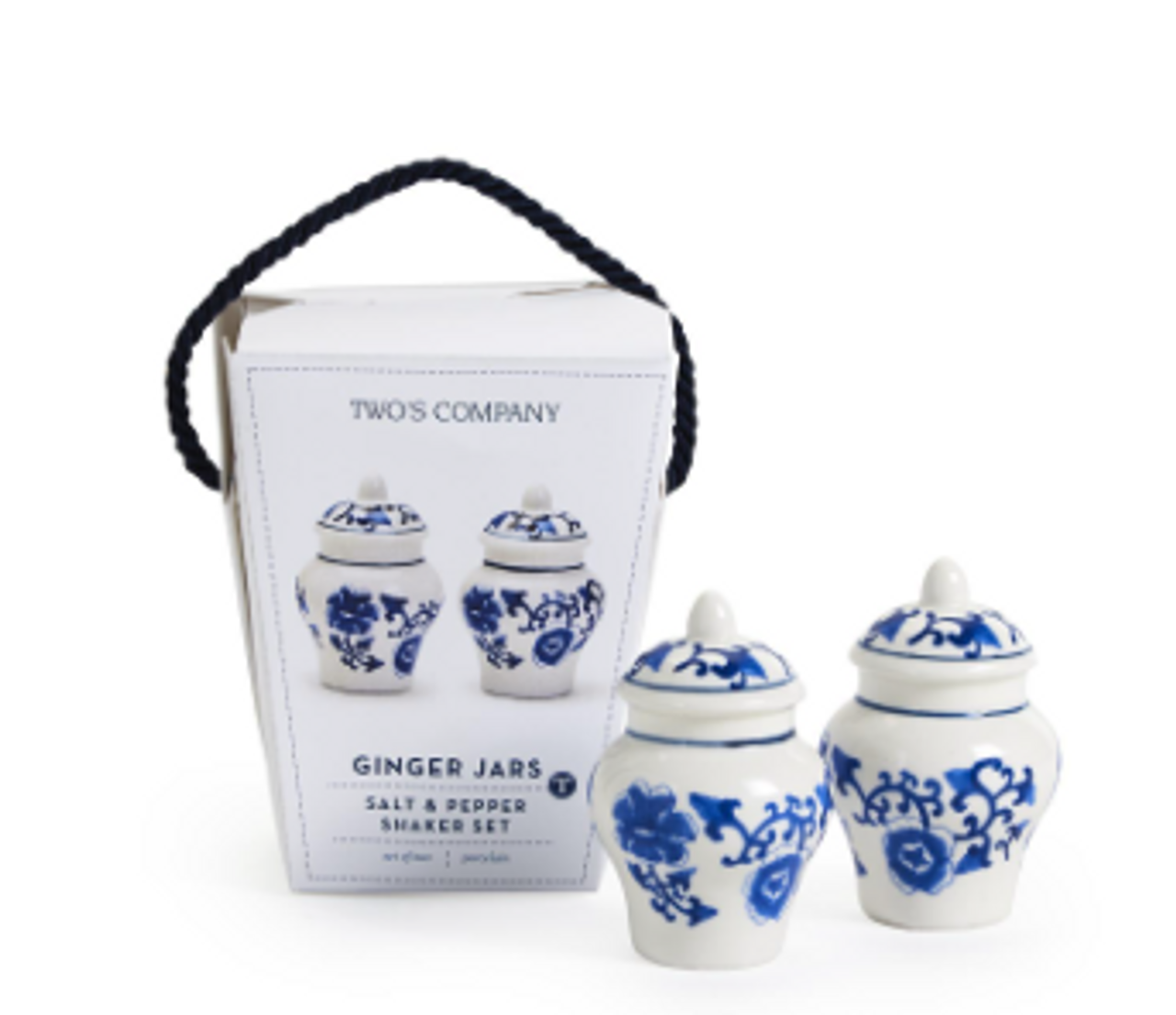 Set of two small ceramic, hand-painted salt and pepper shakers with blue floral designs; mini size.