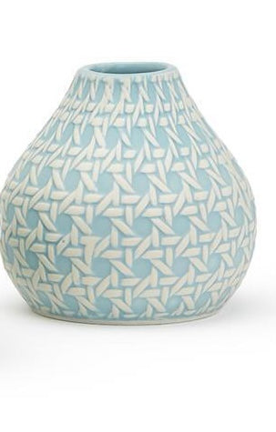 Round light blue ceramic vases with white interlocking triangle pattern, narrow opening. Available in small, medium, large.