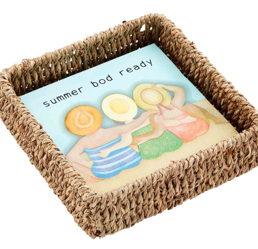 Seagrass cocktail holder with napkins, “summer bod ready” text. Sizes: one size.