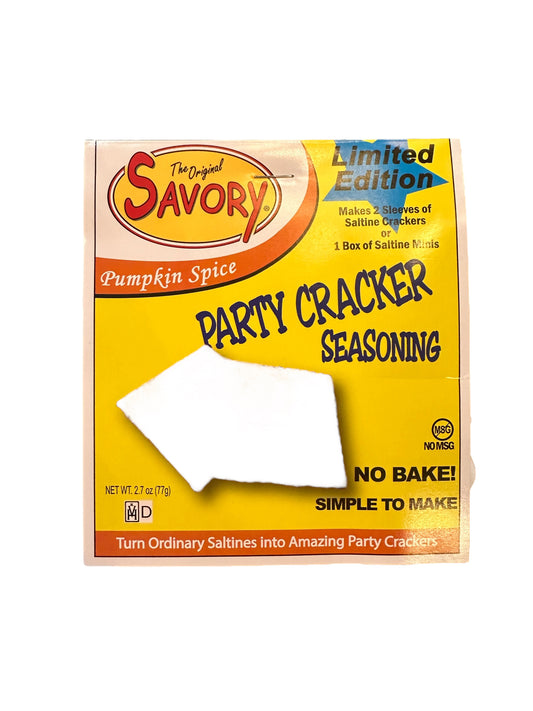 Savory Cracker Mix box, yellow-orange "No Bake! Simple to Make" design, partially torn. Size info not visible.