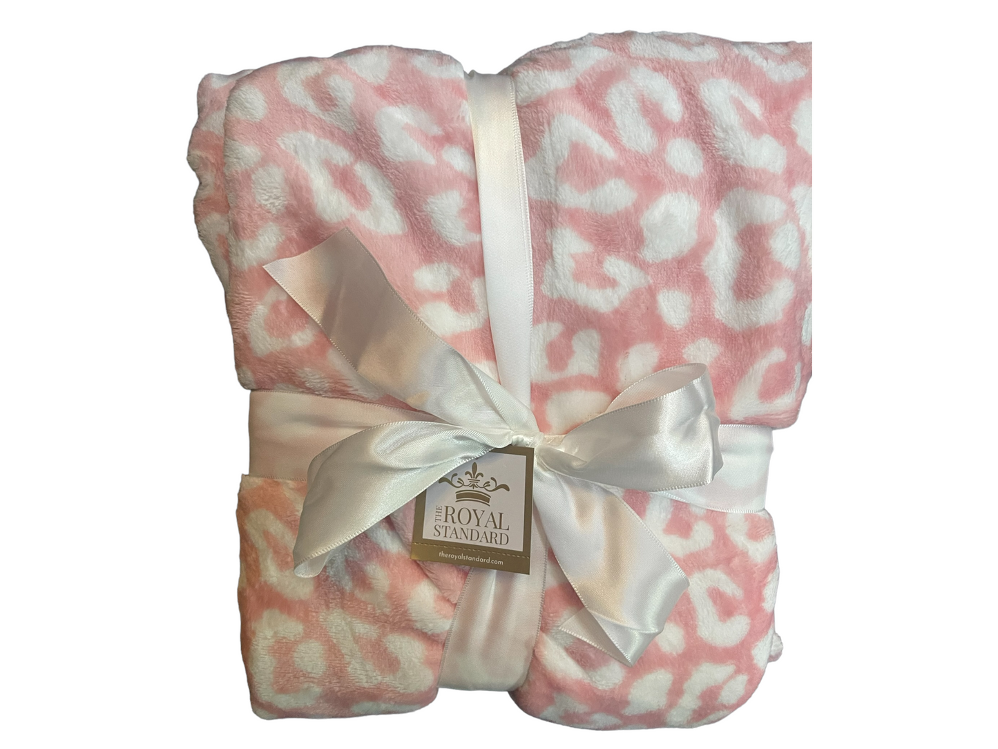 The Wild One Throw, 50x60, light pink and white leopard print, folded with a ribbon and "Royal Standard" tag.