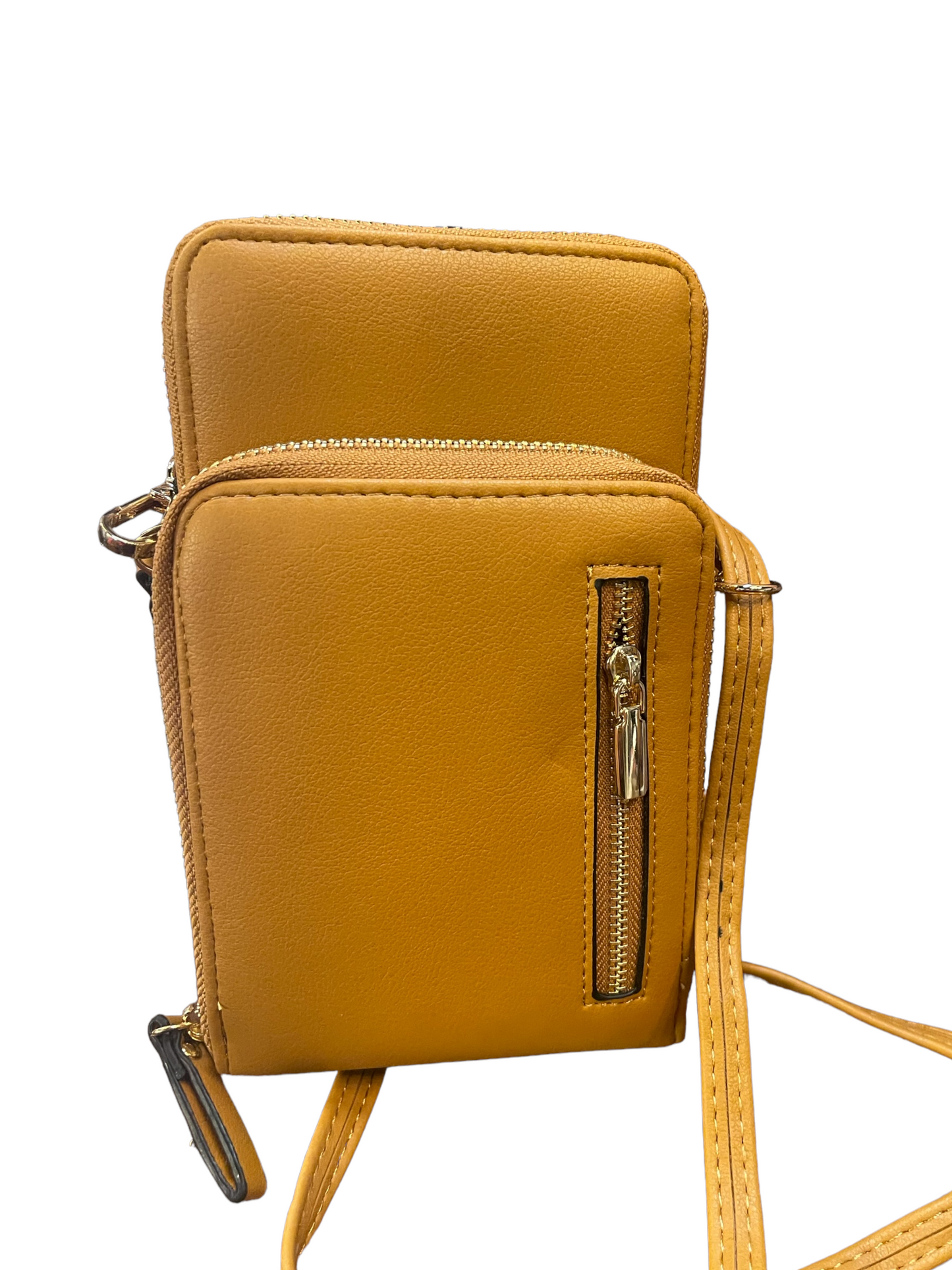 Mustard yellow Crossbody Wallet with two zippered compartments and a front zip pocket. Available in small size.