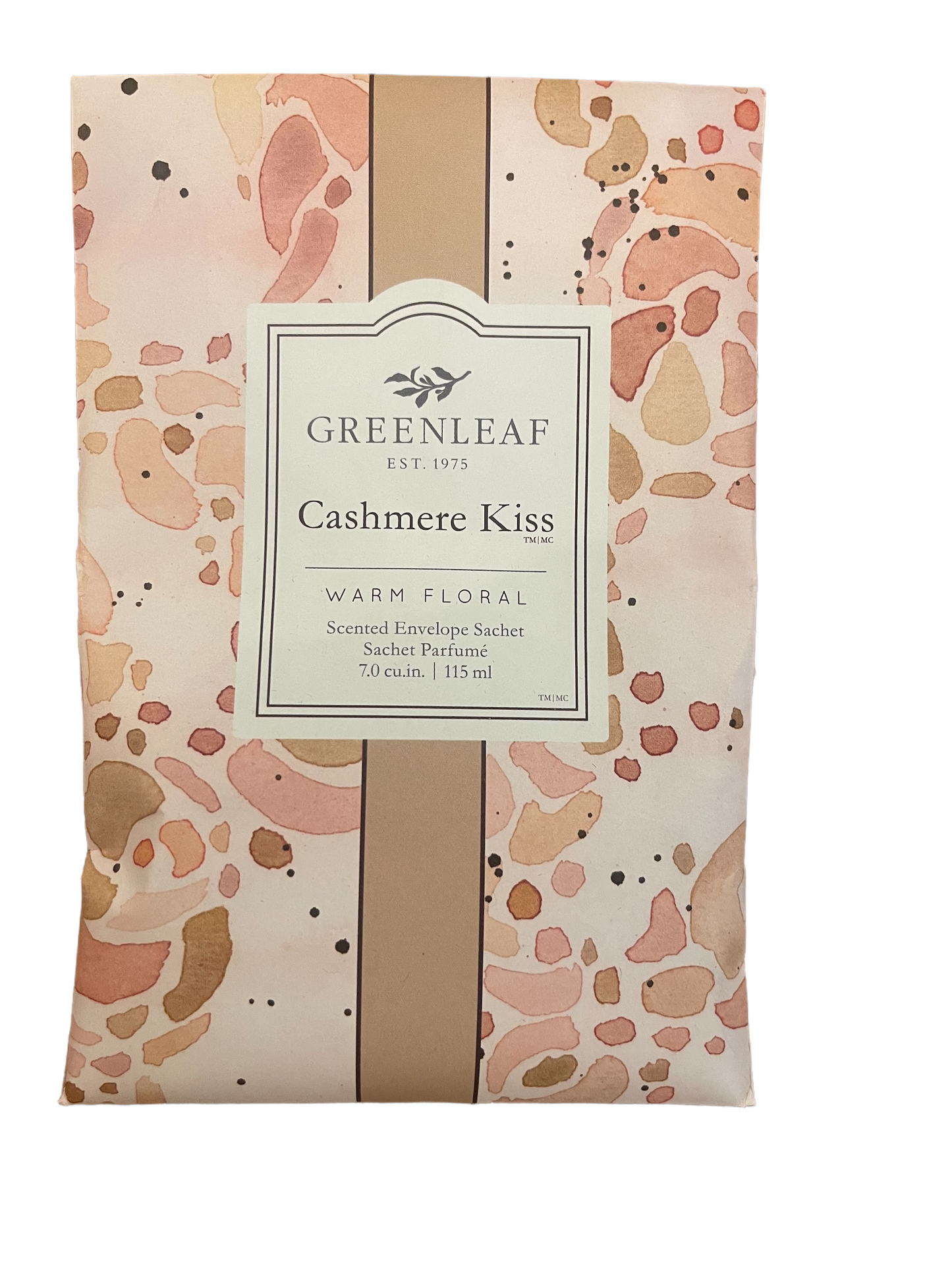 Cashmere Kiss Sachet: warm floral scent, beige/pink abstract design, central label. Available sizes: standard & large.